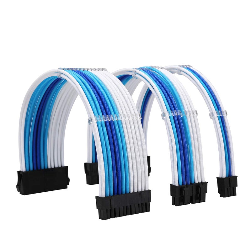 Formulamod Sleeve Extension Power Supply Cable Kit 18AWG ATX 24P+ EPS 8-P+PCI-E8-P with Combs for PSU to Motherboard/GPU Fm-NCK3 (White Sky Blue Deep Blue) - Image 1